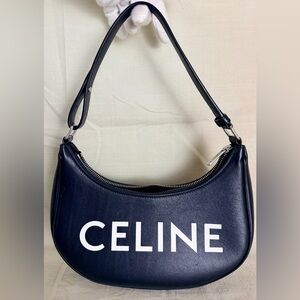 Auth. Celine Celine Ava Half Moon Black Leather Signature Shoulders Bag Italy
